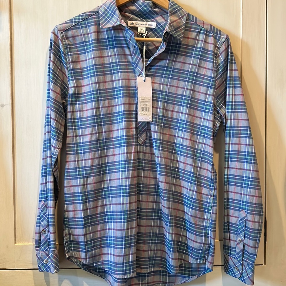 NWT SOUTHERN TIDE hadley popoverski patrol plaid top in seagull grey XS